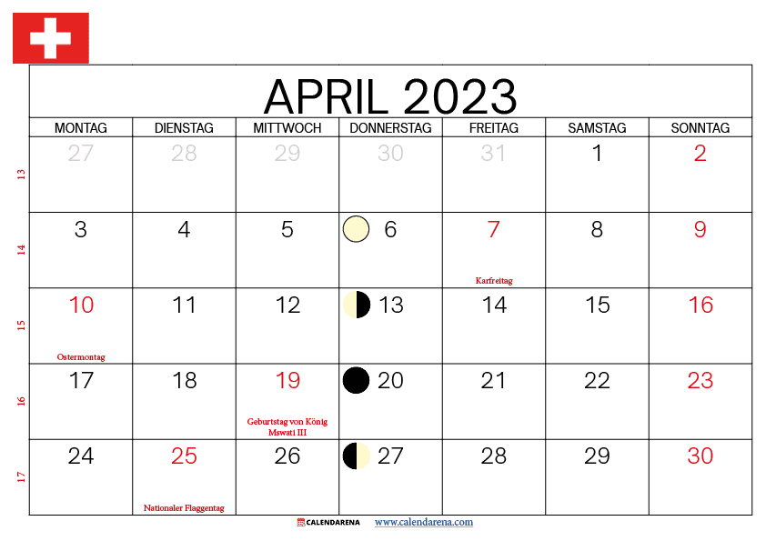 kalenderblatt april 2023 zum ausdrucken Schweiz