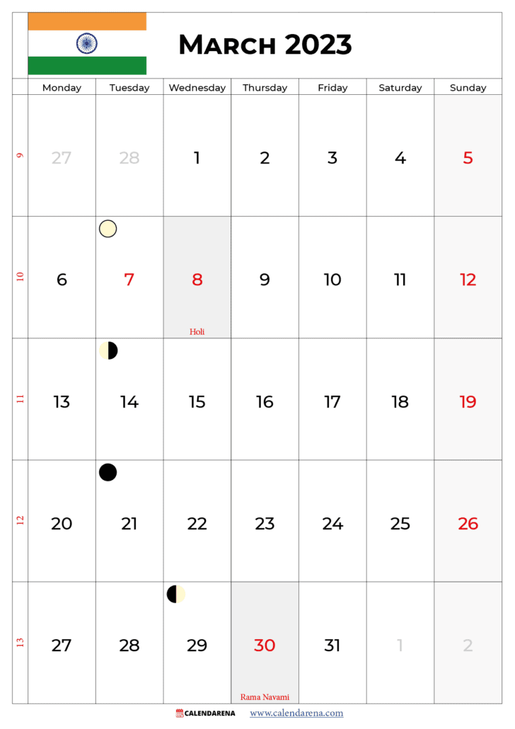 march 2023 calendar india
