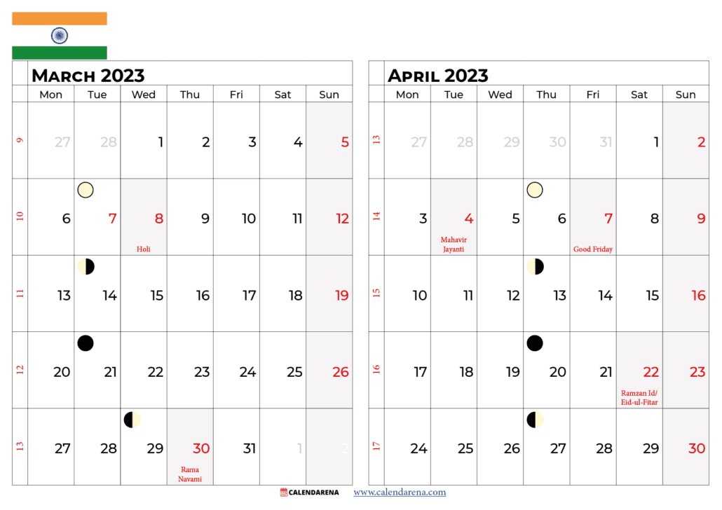 march april 2023 calendar printable india