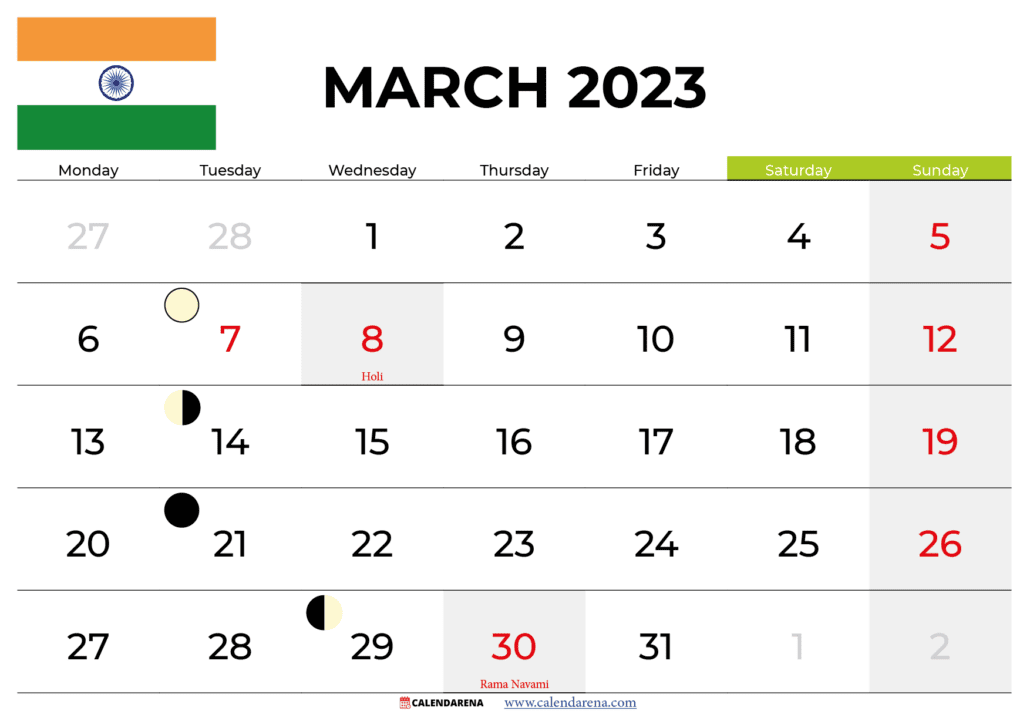 march 2023 calendar with festivals india