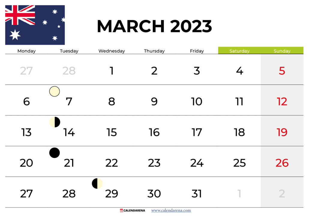 march 2023 calendar with holidays australia