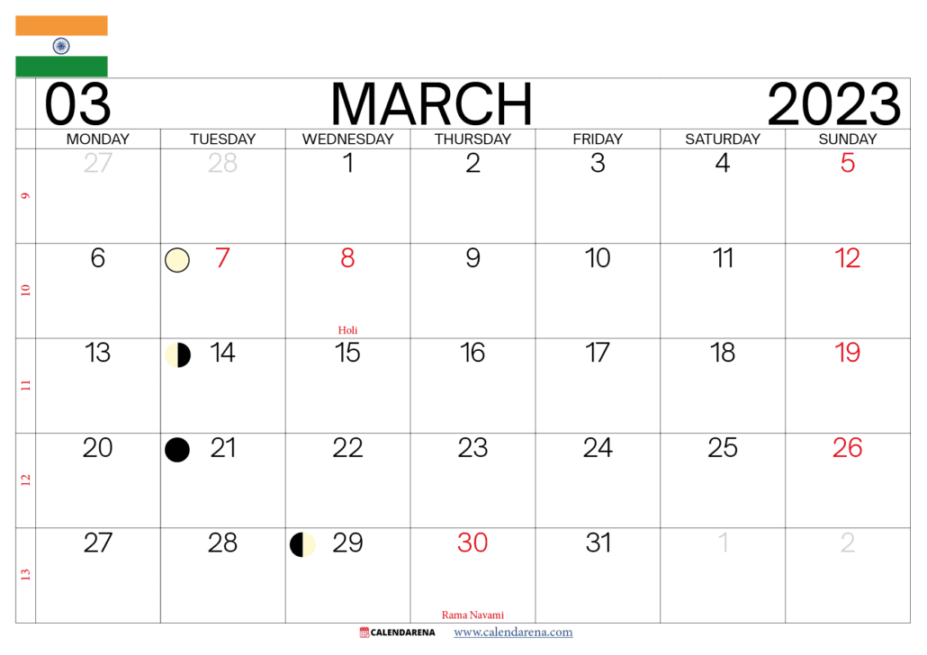 march 2023 calendar with holidays india