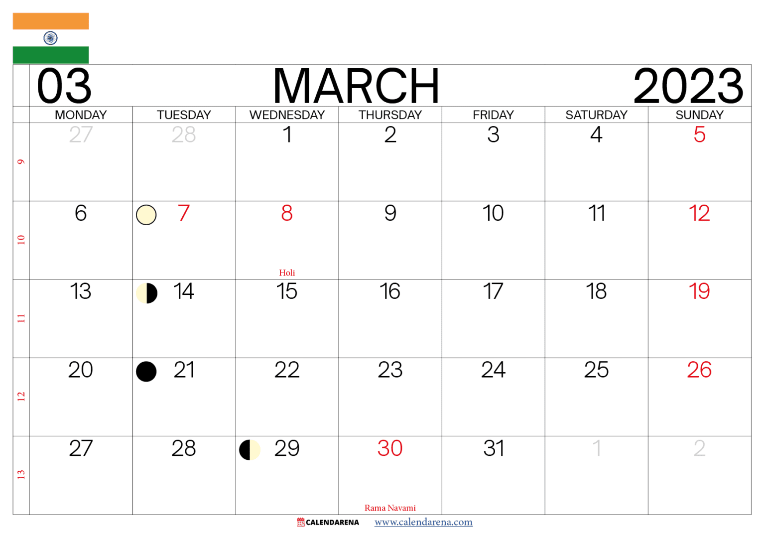 March 2023 Calendar With Festivals And Holidays India