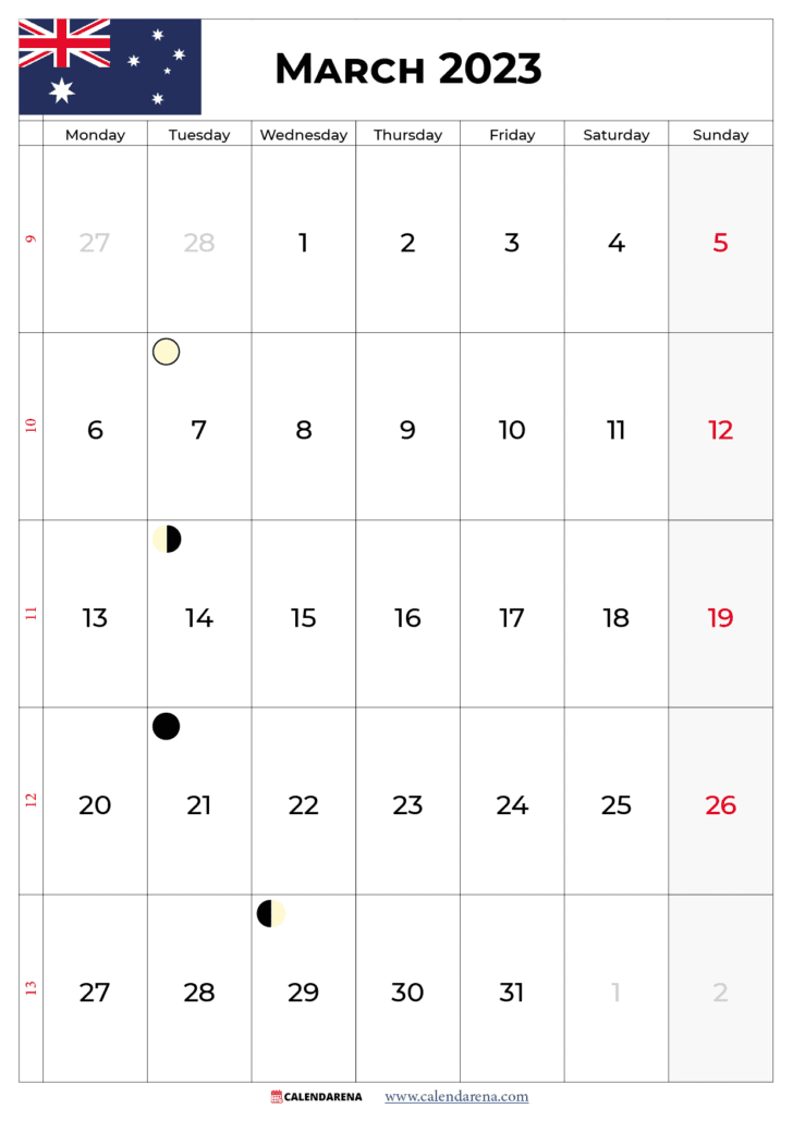march calendar 2023 with holidays australia