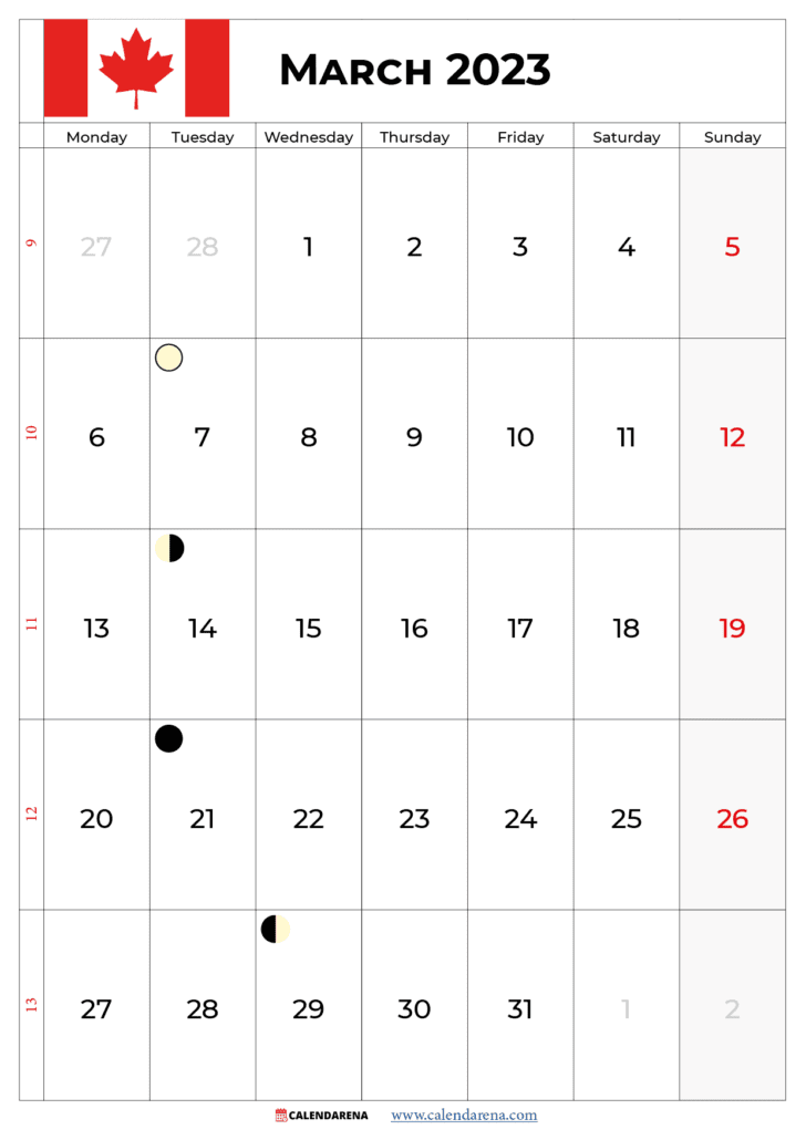 march calendar 2023 with holidays canada