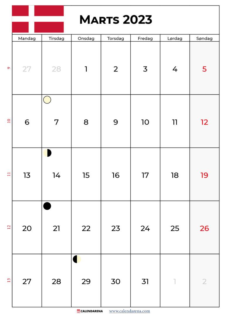Kalender Marts 2023 Med Uger Danmark