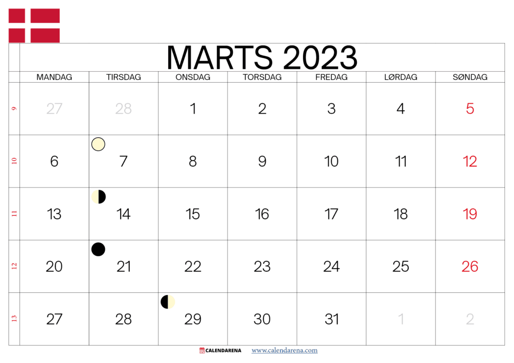 marts kalender 2023 Danmark