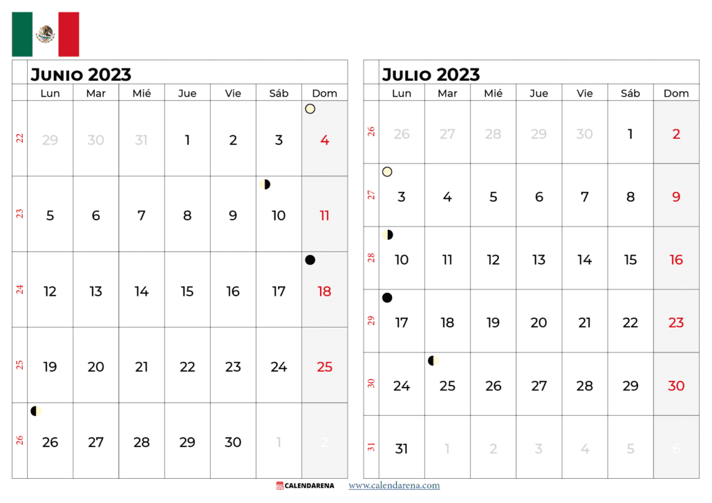 calendario junio y julio 2023 méxico