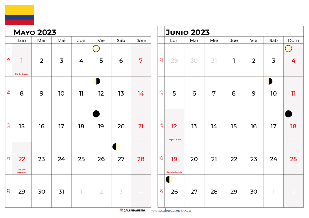 calendario mayo y junio 2023 colombia