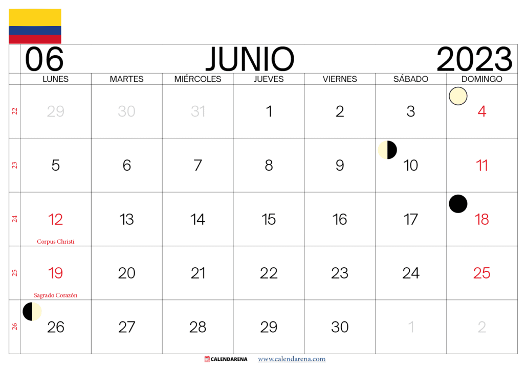 calendario mes de junio 2023 colombia