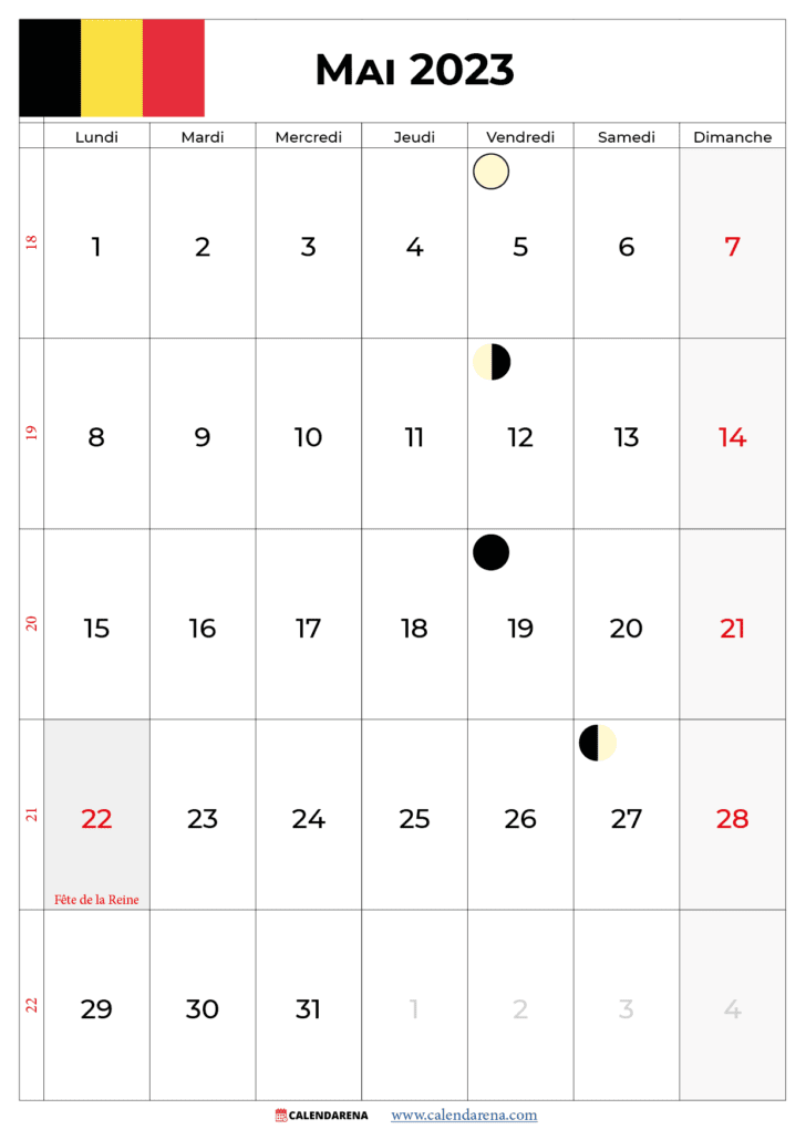 calendrier mai 2023 avec jours fériés belgique