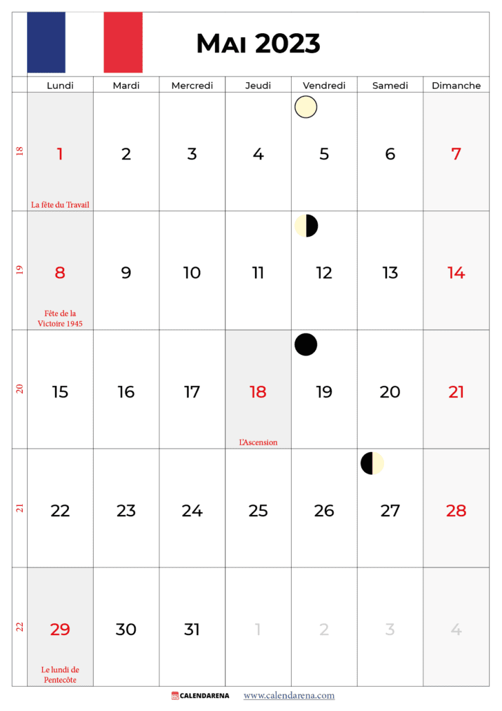calendrier mai 2023 avec jours fériés france