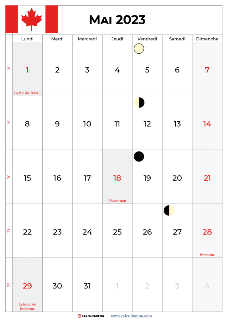 calendrier mai 2023 avec jours fériés québec