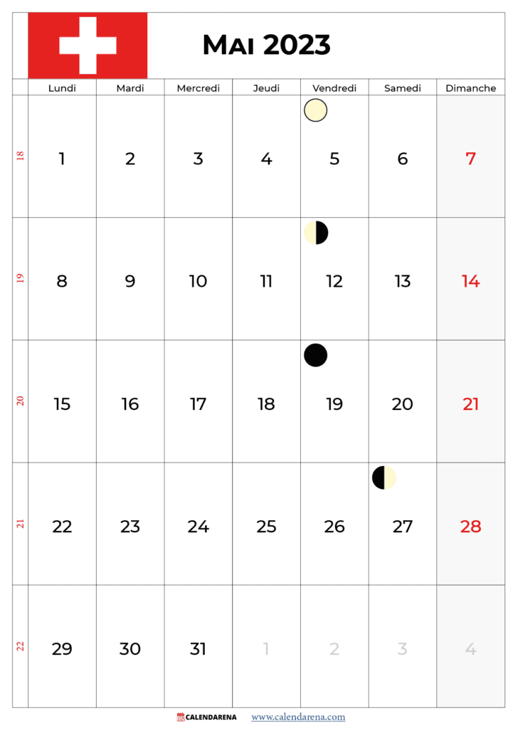 calendrier mai 2023 avec jours fériés suisse
