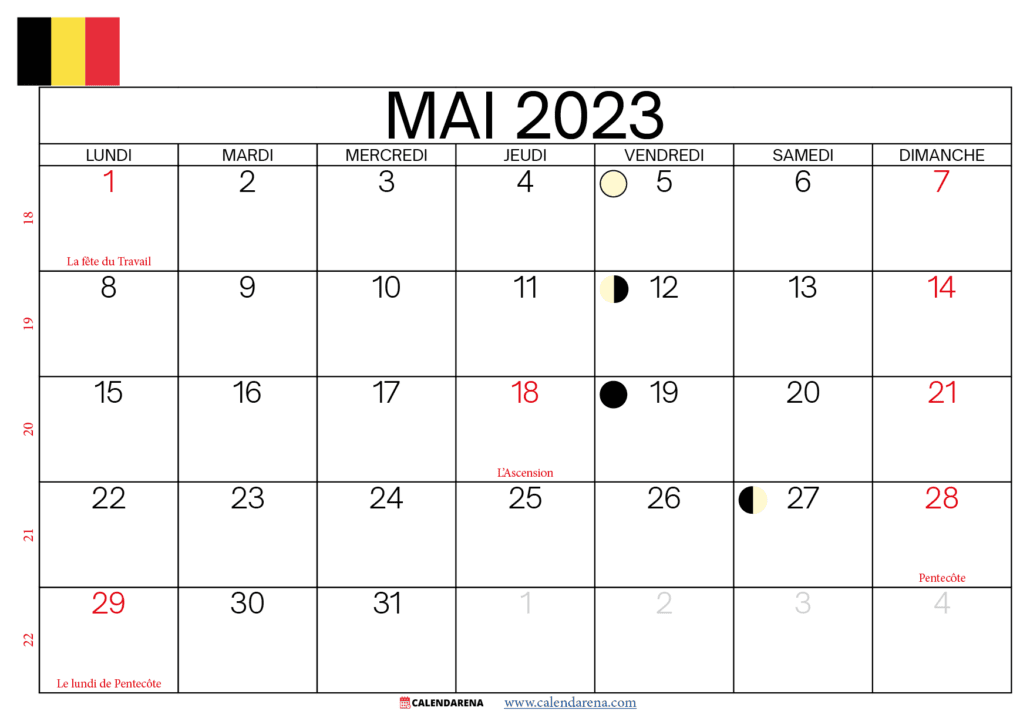 calendrier mai 2023 jours fériés belgique