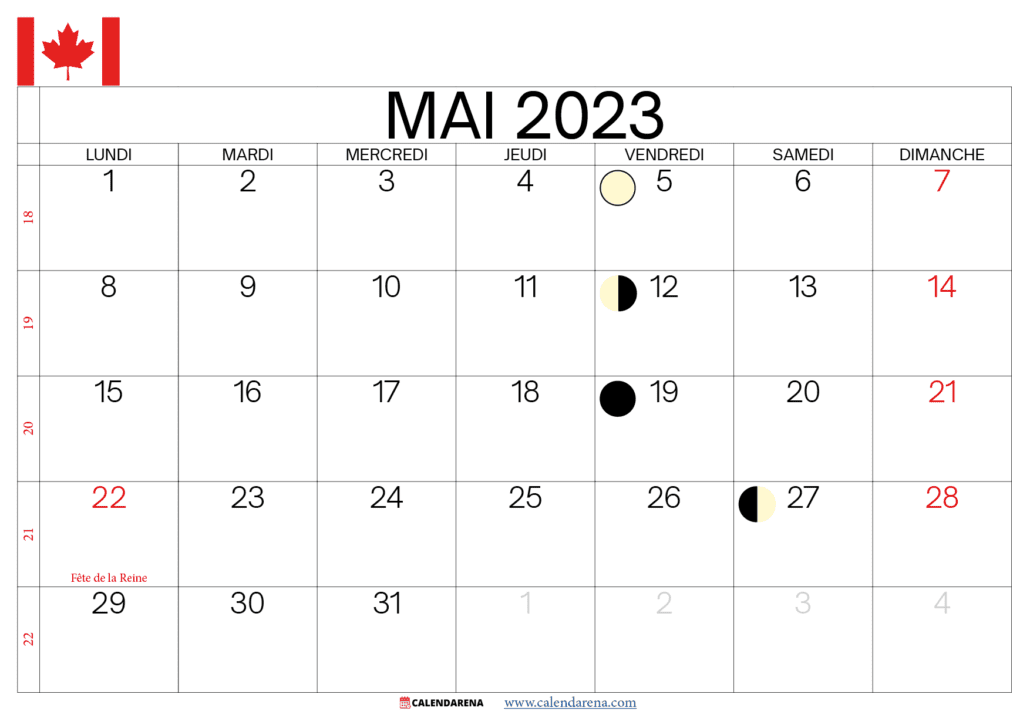 calendrier mai 2023 jours fériés québec