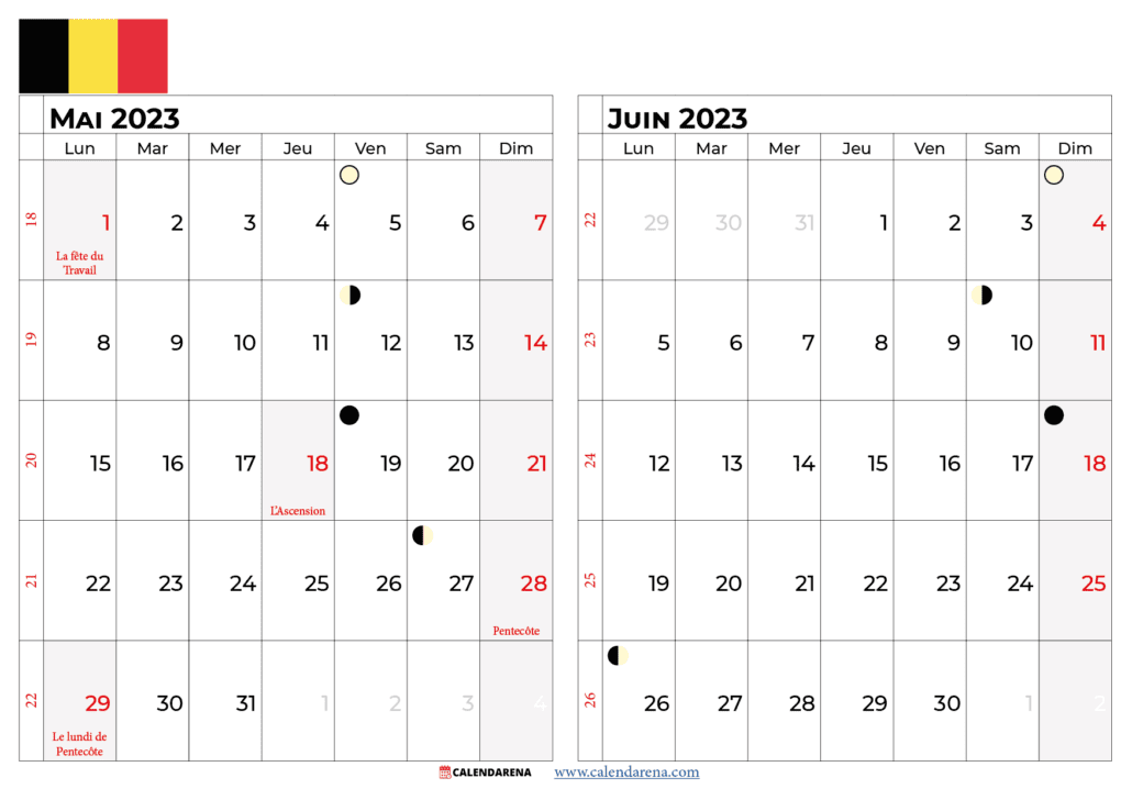 calendrier mai juin 2023 belgique