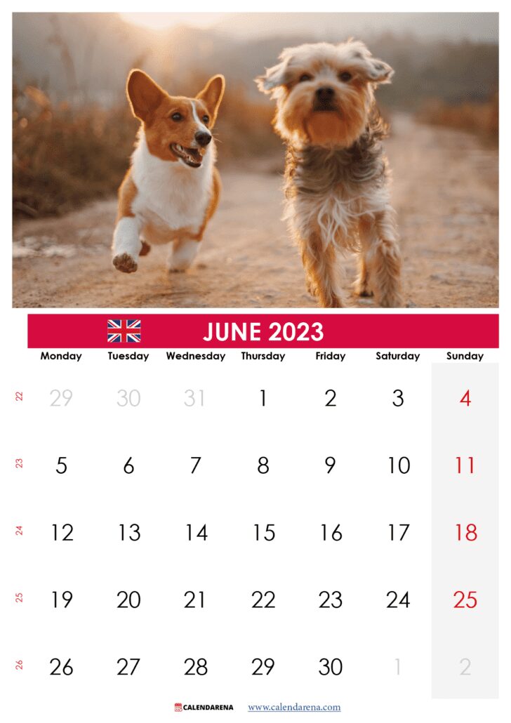 june 2023 calendar with holidays printable UK