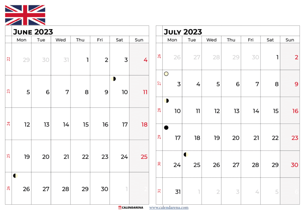 june and july 2023 calendar UK