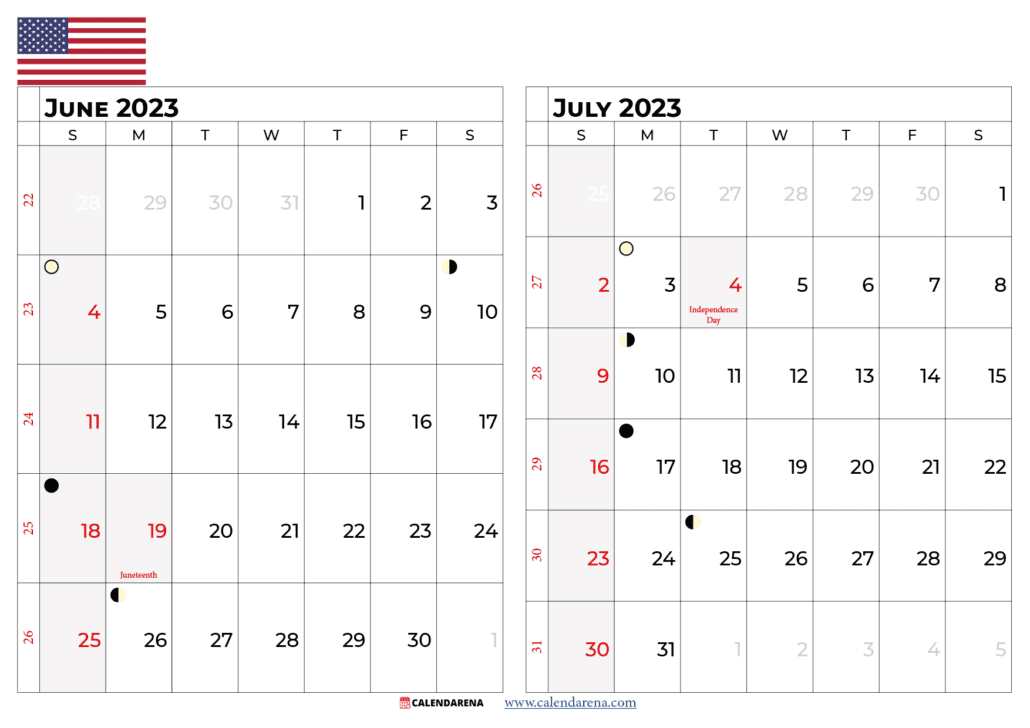 june and july 2023 calendar USA