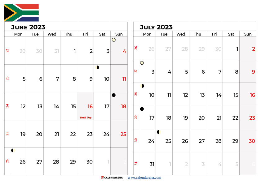 june july 2023 calender south africa