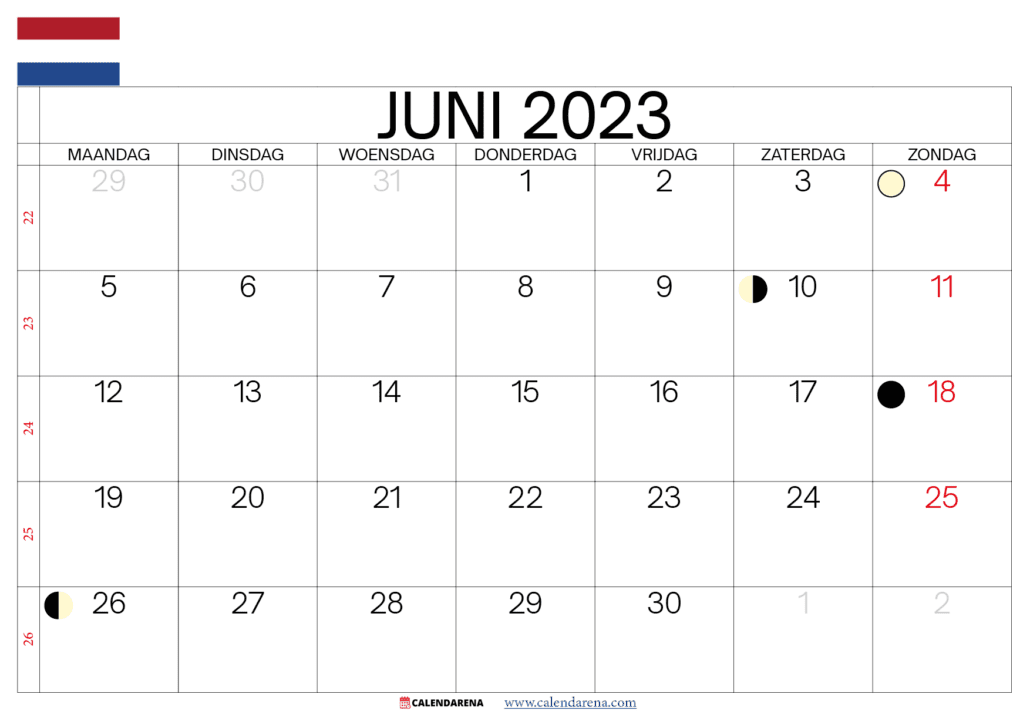 kalender juni 2023 met weeknummers nederland