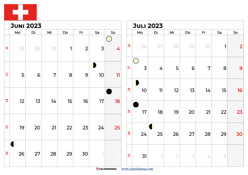 kalender juni juli 2023 Schweiz