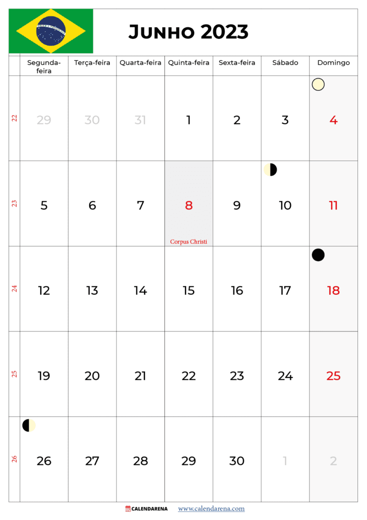 calendário junho 2023 com feriados brasil