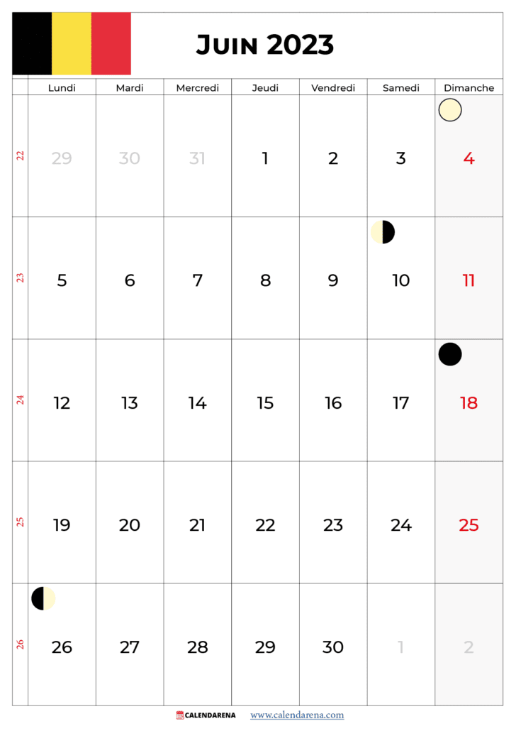 calendrier juin 2023 avec jours fériés belgique