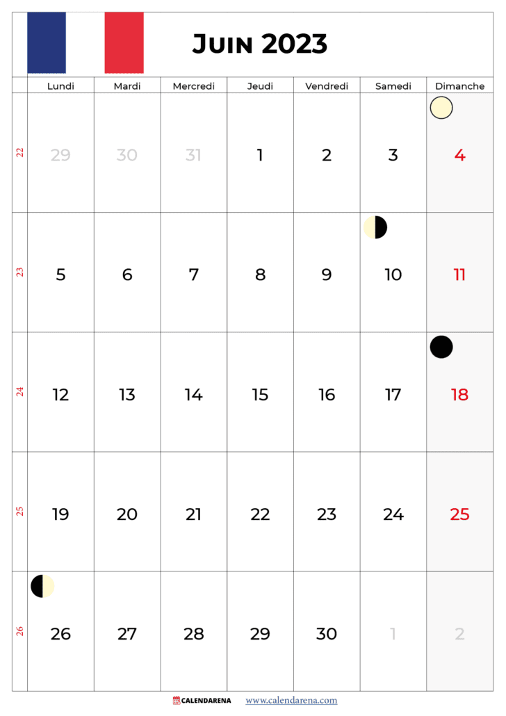 calendrier juin 2023 avec jours fériés france