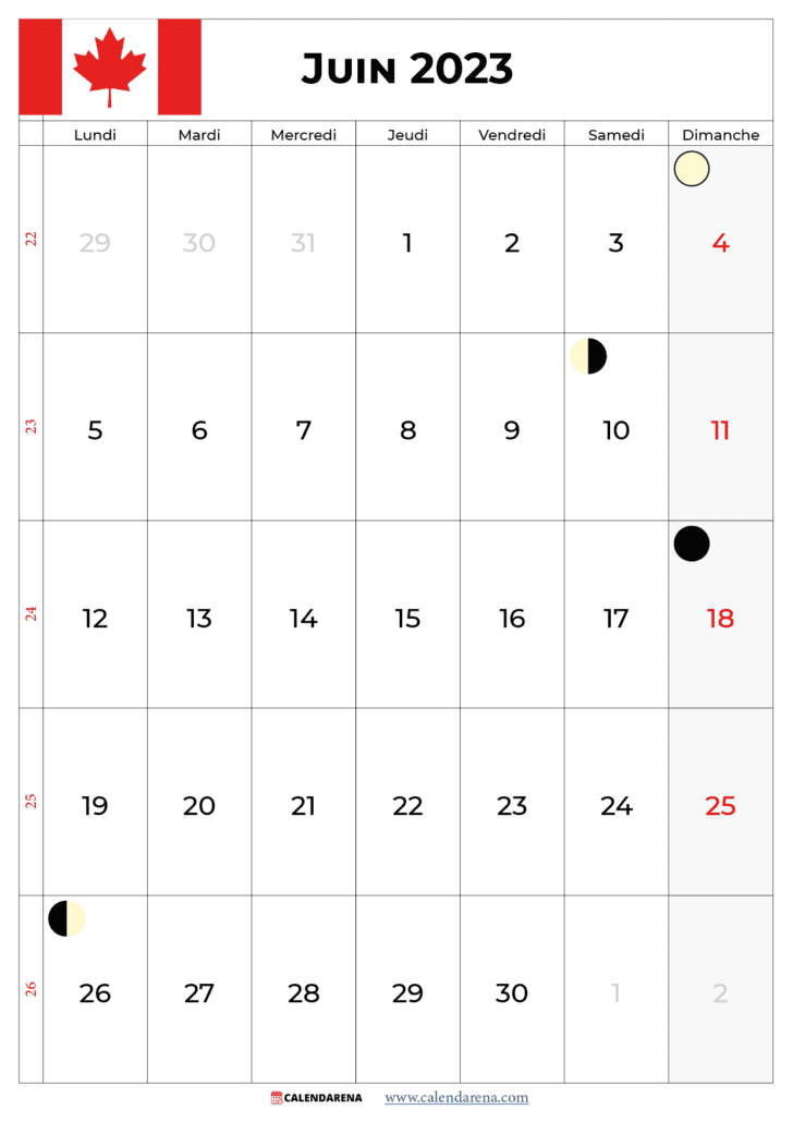 calendrier juin 2023 avec jours fériés québec