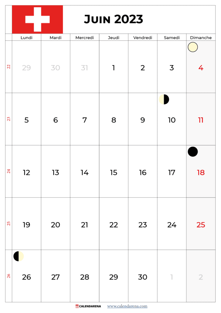 calendrier juin 2023 avec jours fériés suisse