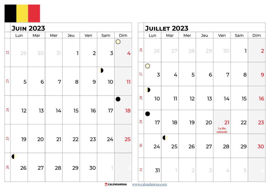 calendrier juin juillet 2023 belgique