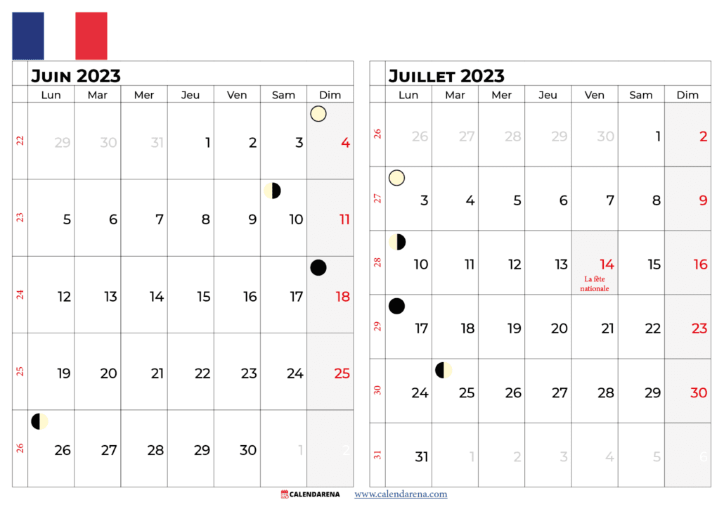 calendrier juin juillet 2023 france