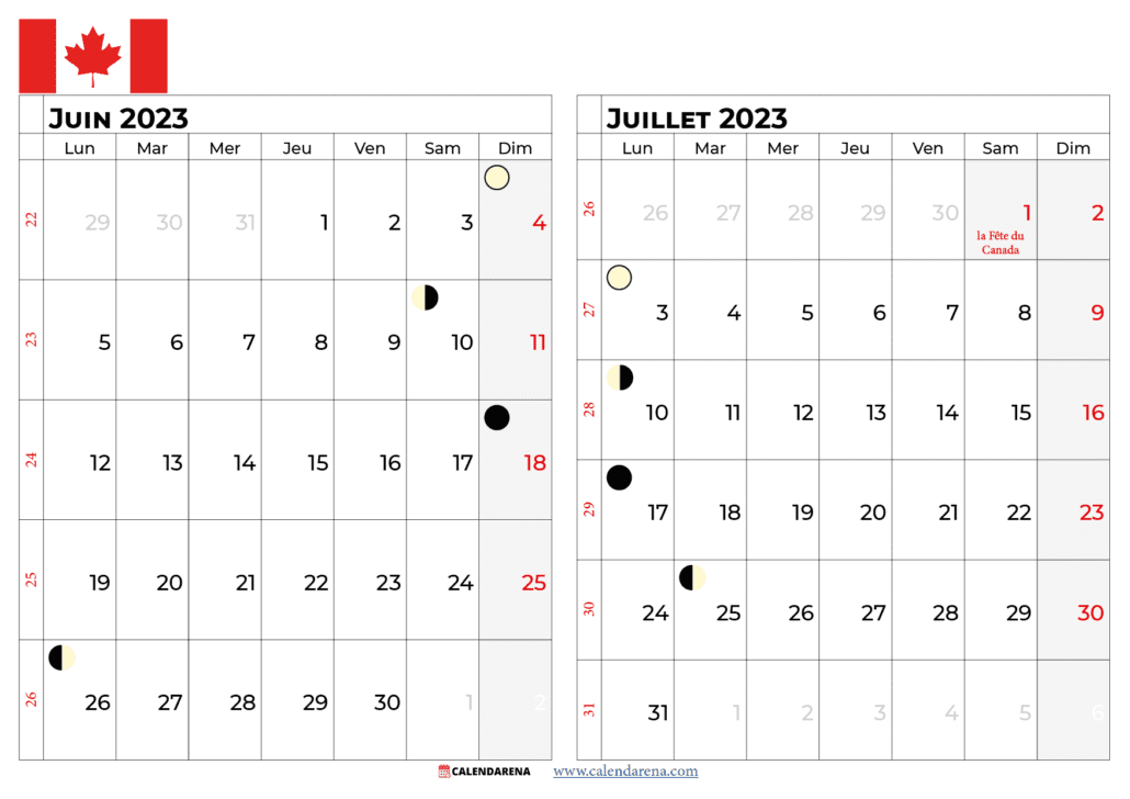 calendrier juin juillet 2023 québec