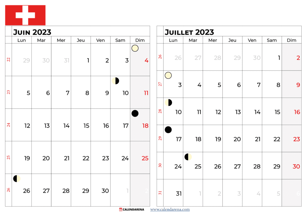 calendrier juin juillet 2023 suisse
