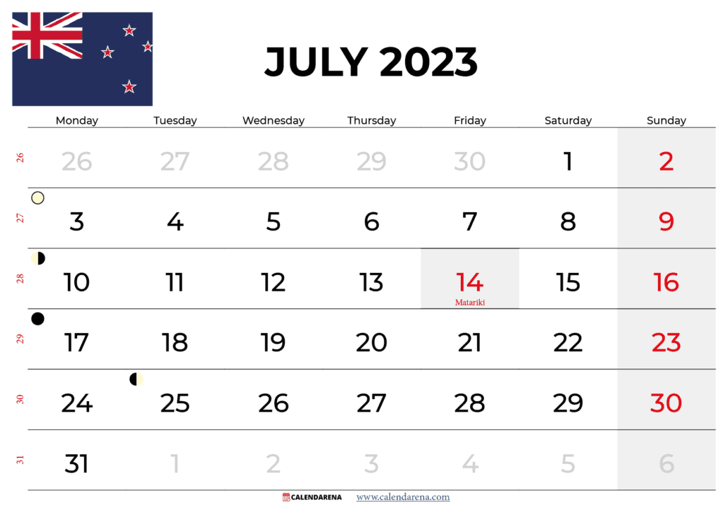 free printable calendar july 2023 NZ