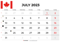 free printable calendar july 2023 canada