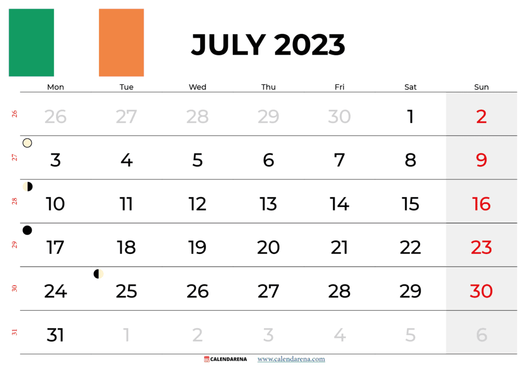 free printable calendar july 2023 ireland