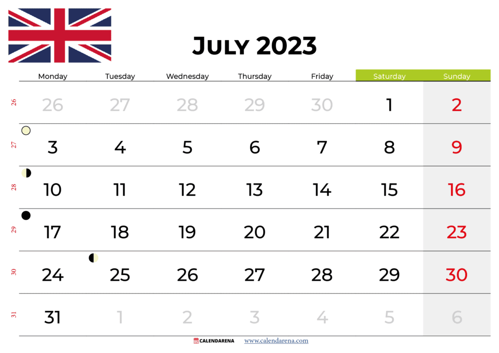 free printable calendar july 2023 uk
