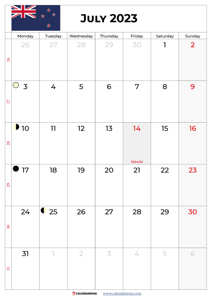 july 2023 calendar with holidays NZ