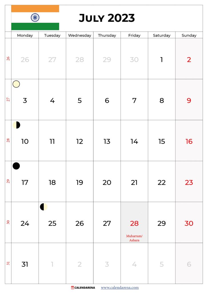 july 2023 calendar with holidays india