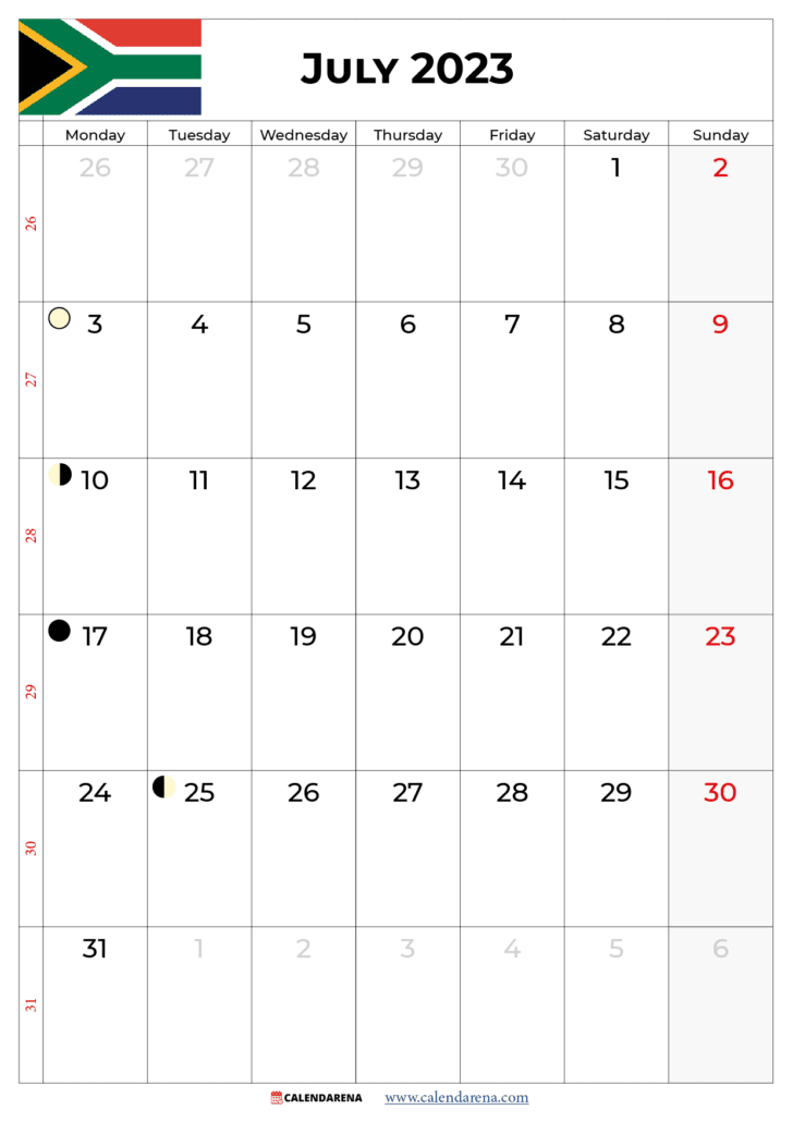 july 2023 calendar with holidays south africa