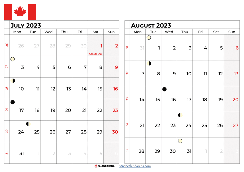 july and august 2023 calendar canada