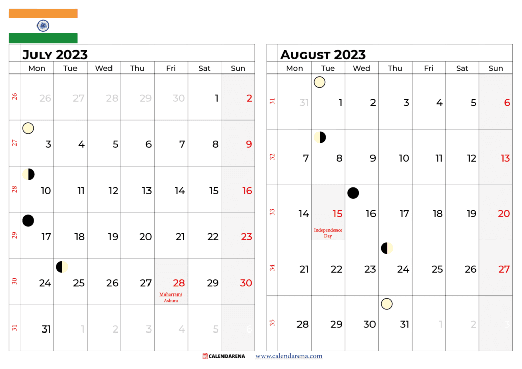 july and august 2023 calendar india