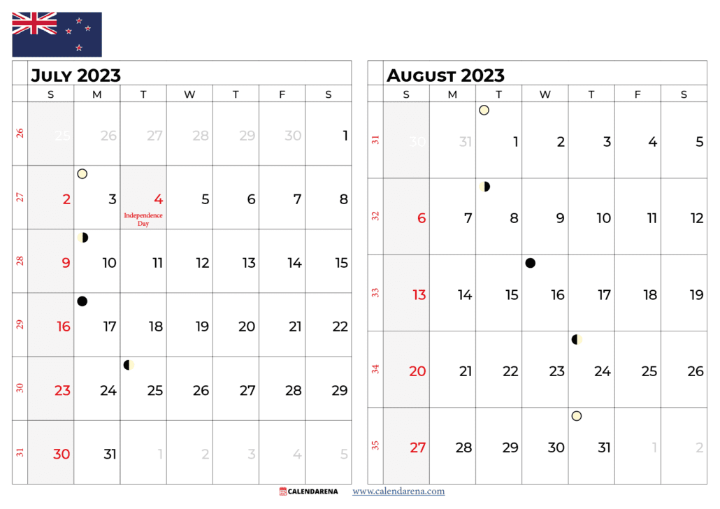 july and august 2023 calendar nz