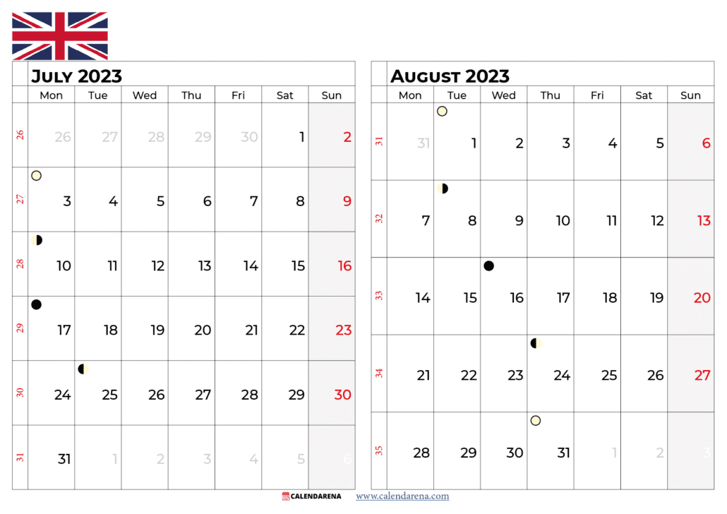 july and august 2023 calendar uk