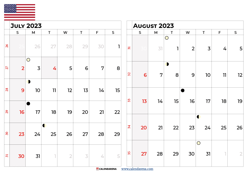 july august 2023 calendar USA