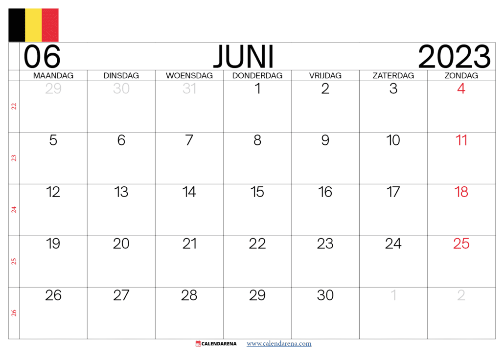 kalender juni 2023 met weeknummers belgië