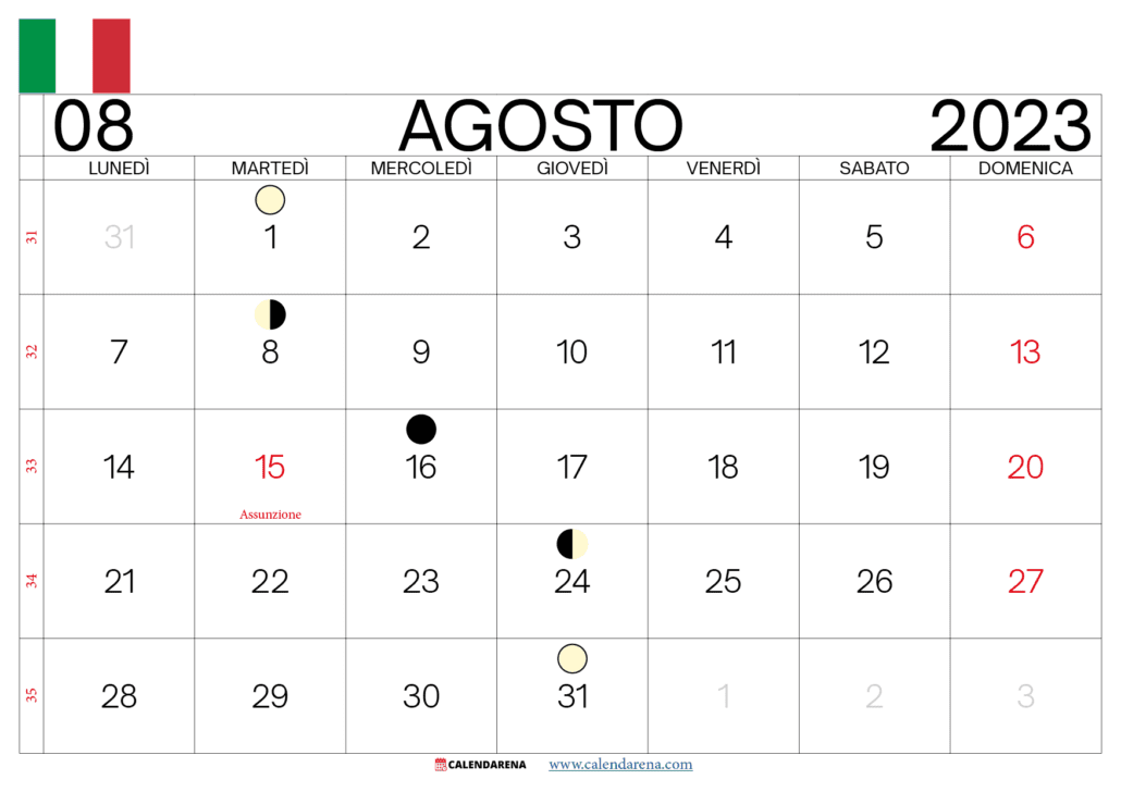 agosto 2023 calendario italia